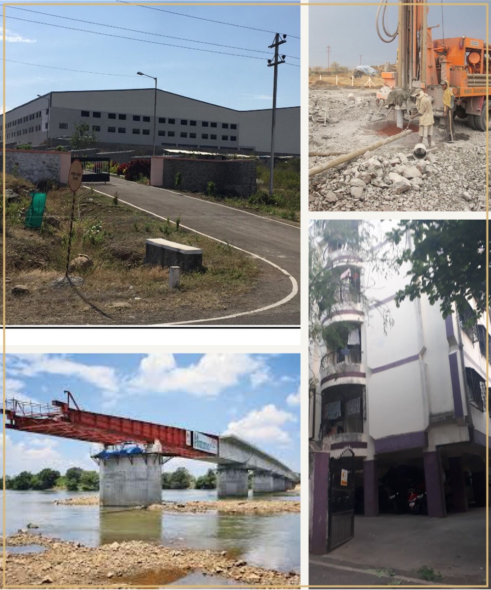 Deoda Construction project collage showing an industrial facility, building work and a bridge
